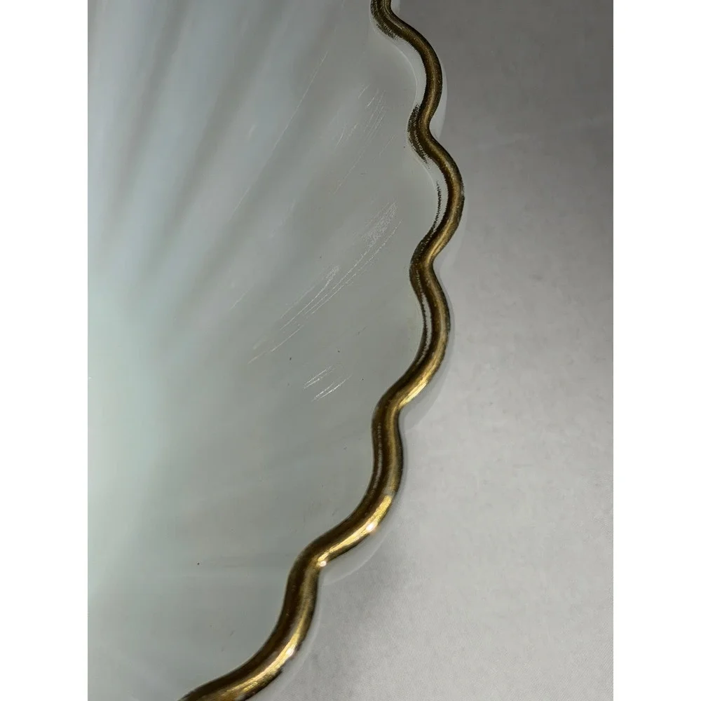 Vintage Fire-King Milk Glass Ribbed Bowl Scalloped Gold Trim Mid-Century Modern